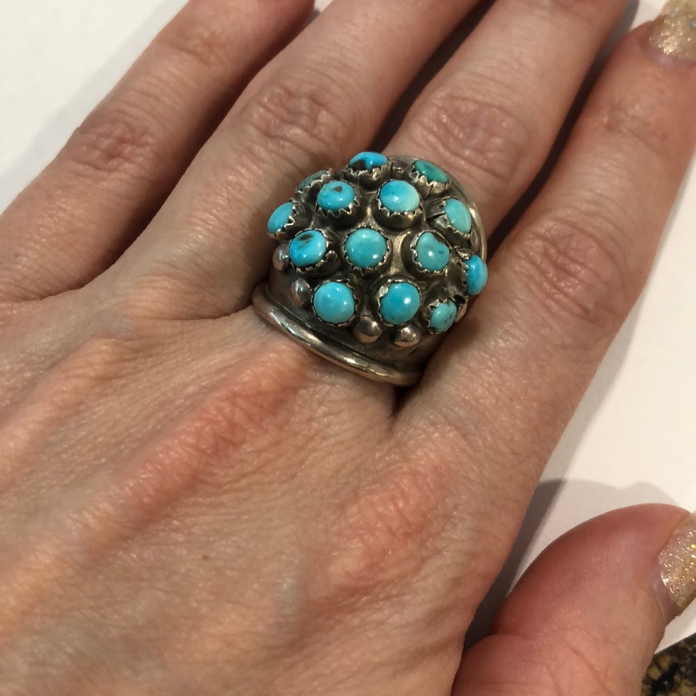 Silver Turquoise vintage ring wide band modern
